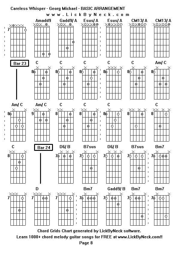 Chord Grids Chart of chord melody fingerstyle guitar song-Careless Whisper - Georg Michael - BASIC ARRANGEMENT,generated by LickByNeck software.